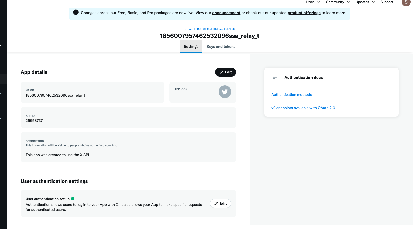 Twitter developer project settings tab with User authentication setup option to configure OAuth permissions