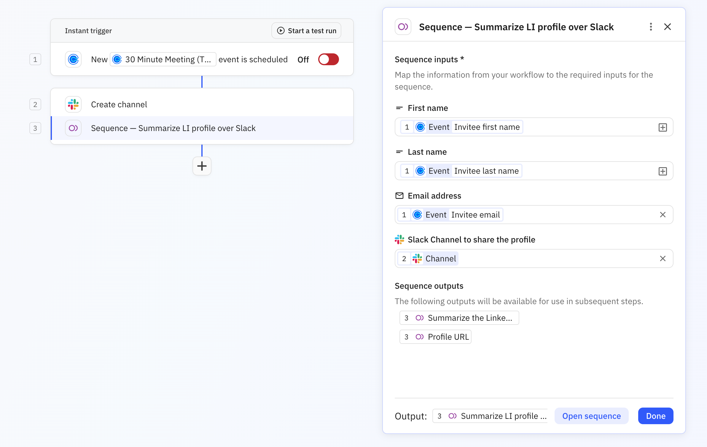 Sequence step configuration showing input fields for Name, Email address, and Slack Channel along with available outputs