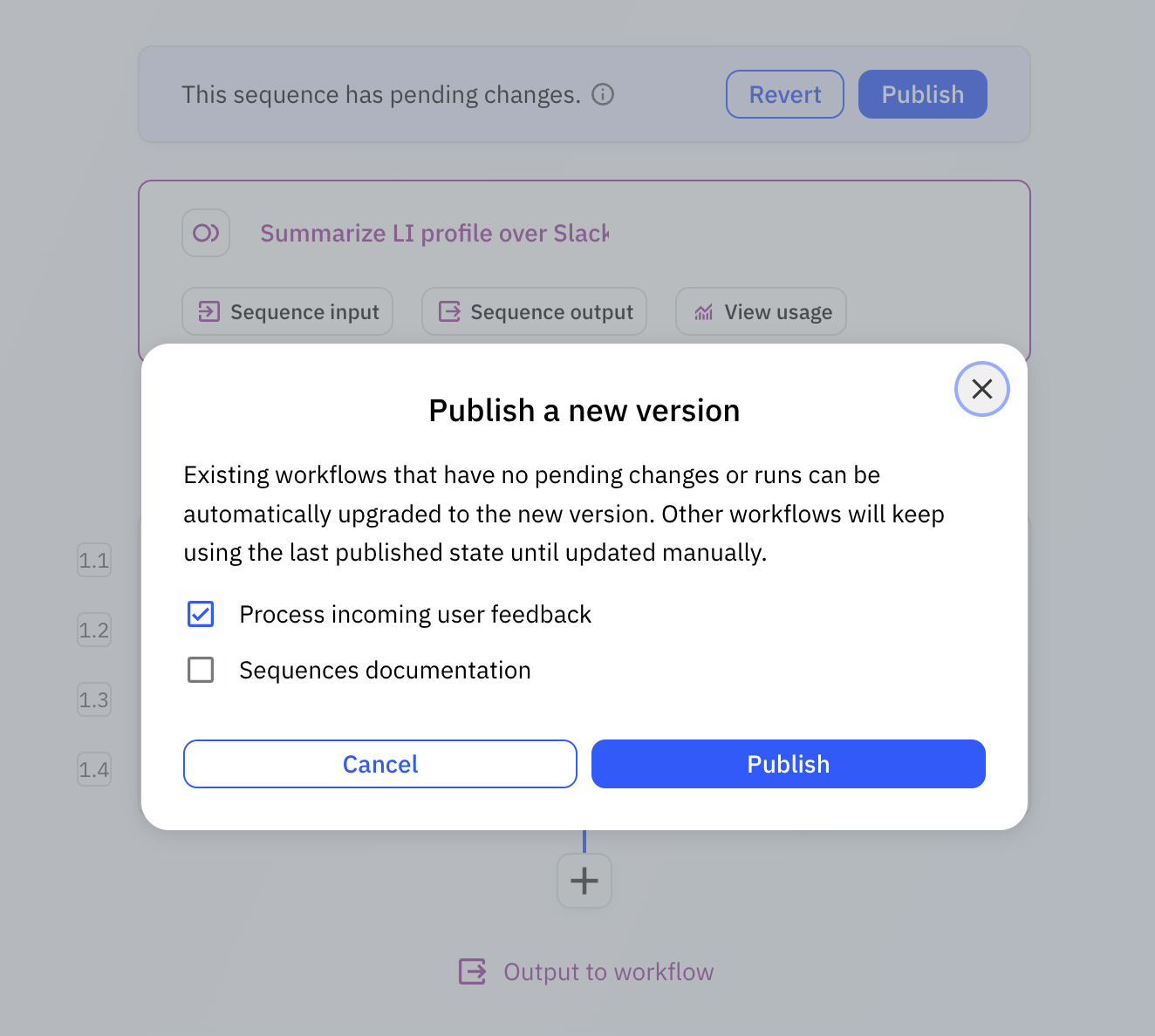 Publish dialog showing list of workflows using the sequence with checkboxes to select which ones to auto-upgrade