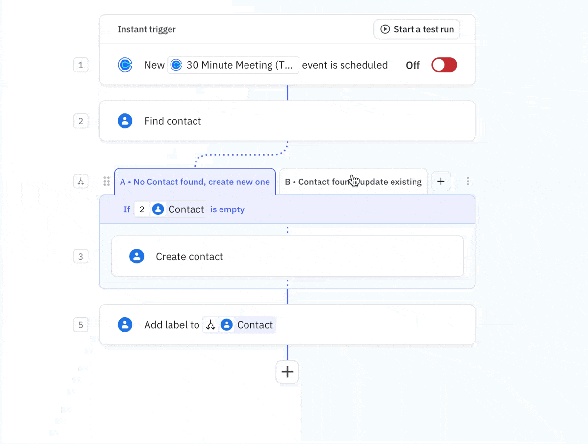 Animated demonstration showing that merged data objects are only available when every path in a group has compatible step outputs