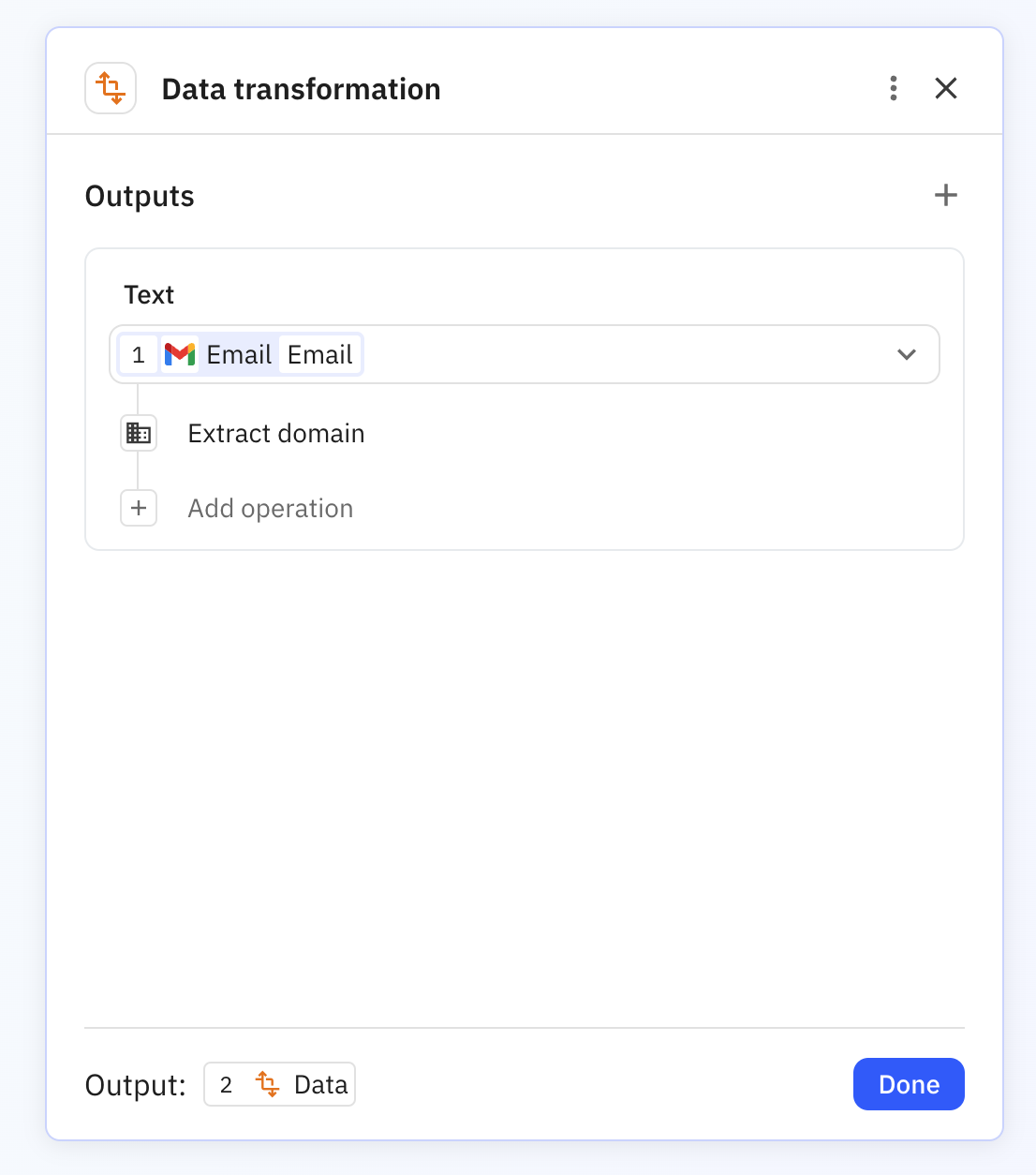 Transform data step configured to extract domain from email address using Extract domain transformation
