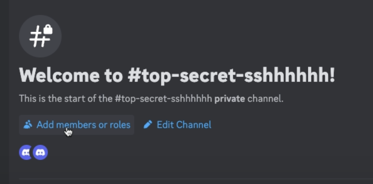 Discord channel menu showing 'Add members or roles' option to invite users to a private channel