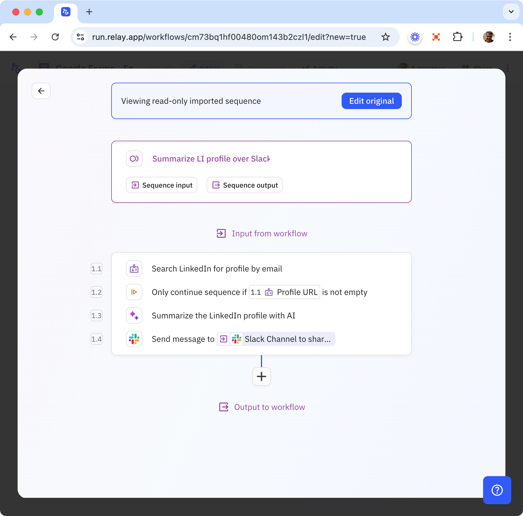 Imported sequence showing read-only banner with View sequence and Edit original buttons for making changes