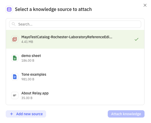 Knowledge file selection interface showing a list of available files with checkboxes to select which files to attach to the AI prompt