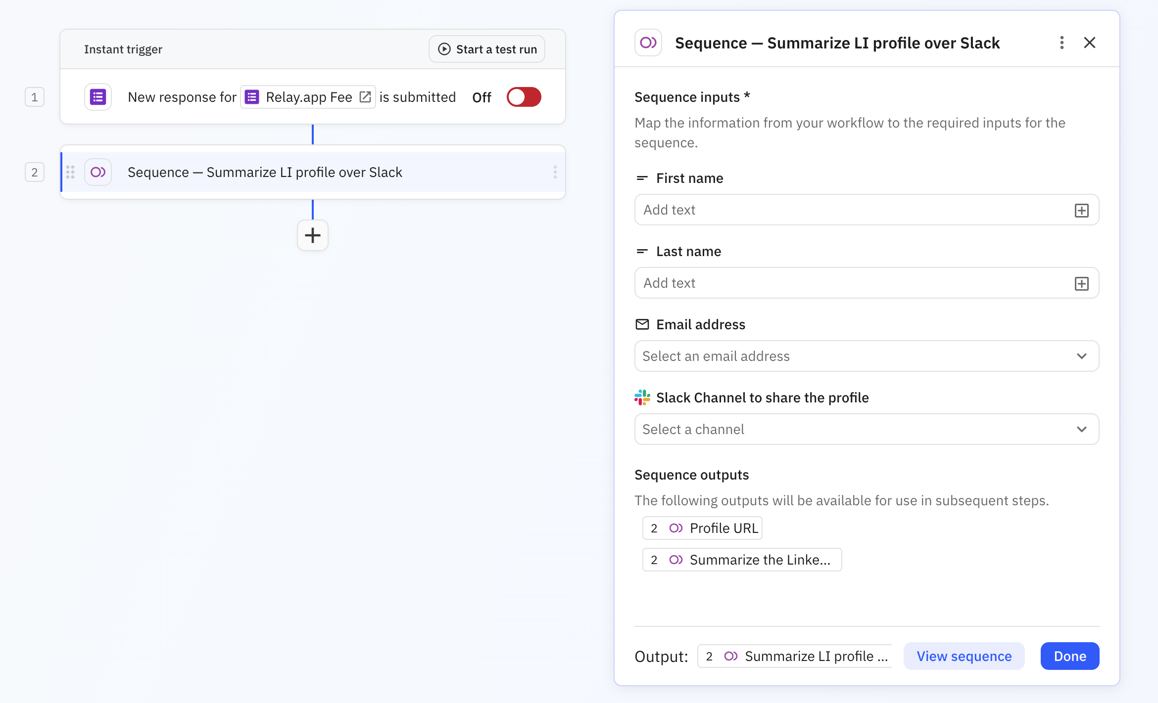 Imported sequence configuration showing the same input fields as the original sequence for Name, Email address, and Slack Channel
