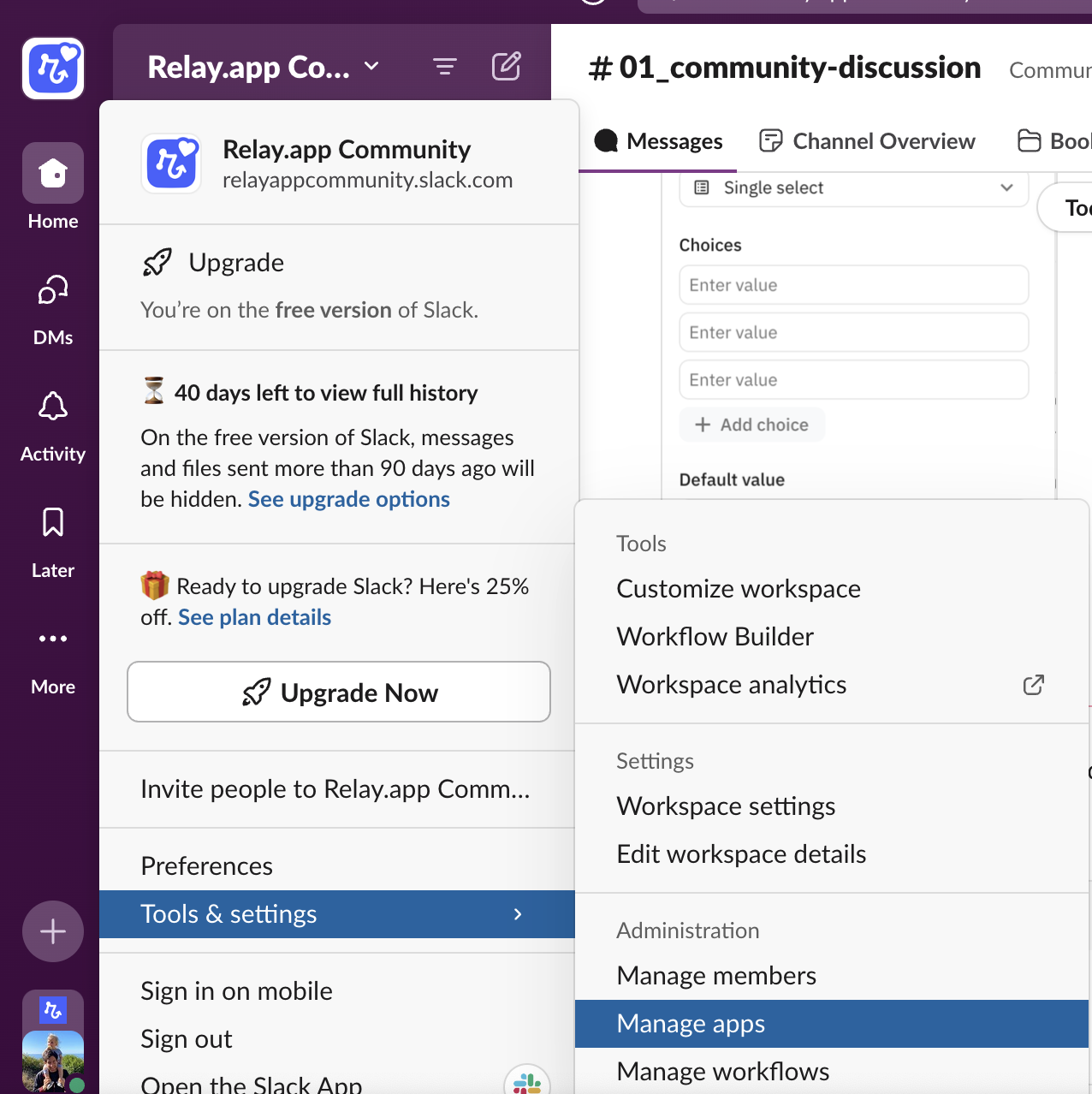 Slack workspace menu showing Tools & settings dropdown with Manage apps option highlighted