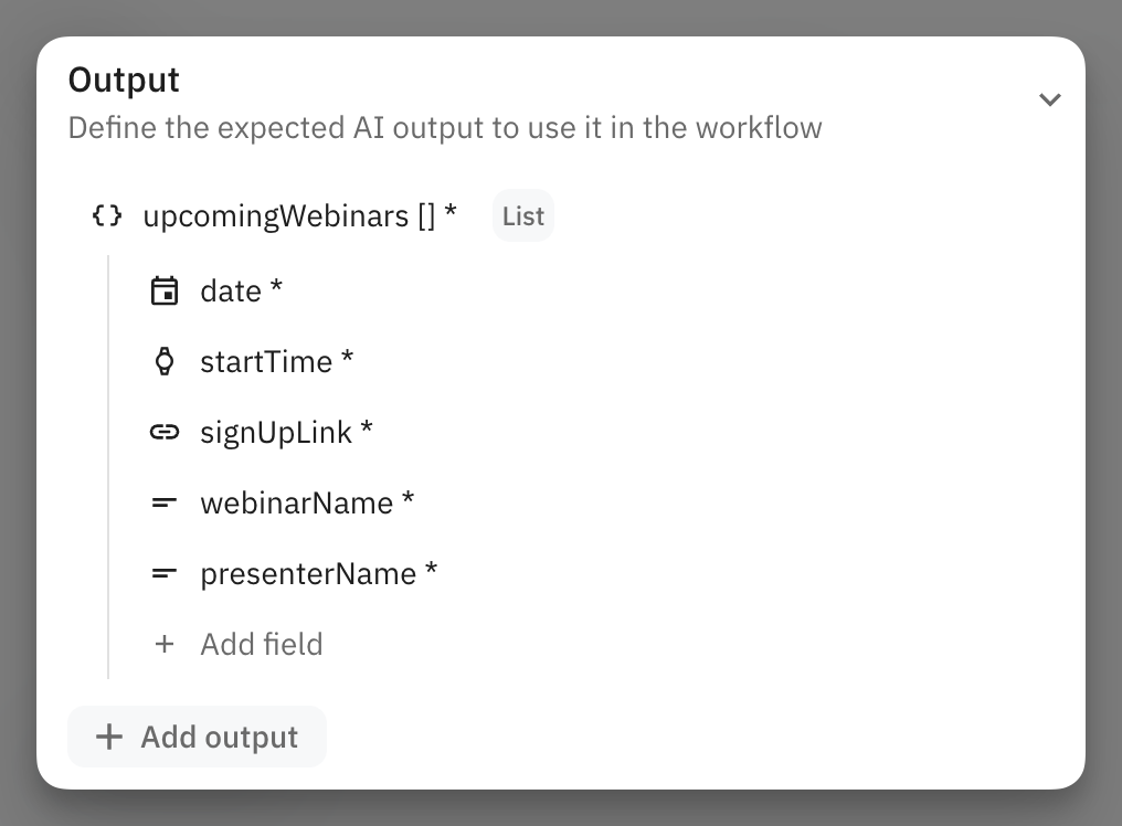 AI step output configuration showing webinarEvents as a List of JSON Objects with nested fields for webinar details