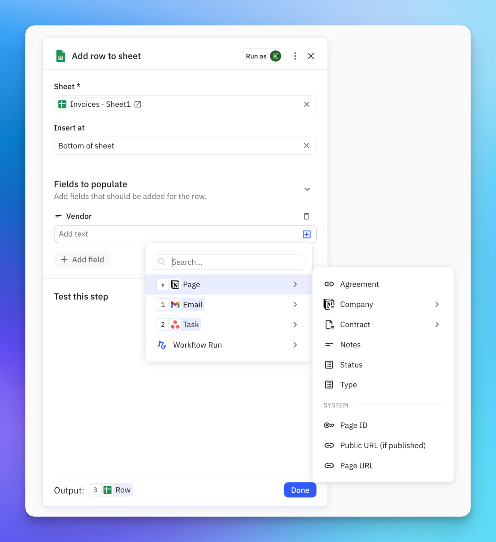 Text input field with data picker menu opened showing available step outputs and data fields to insert