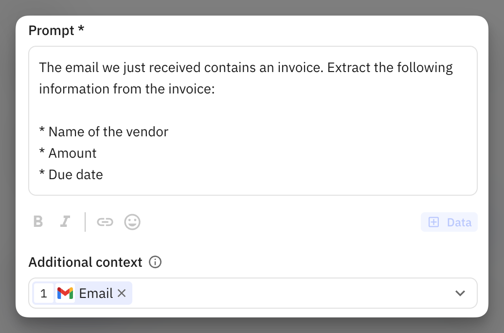 AI step output configuration showing fields for vendor, amount, and dueDate with their respective data types