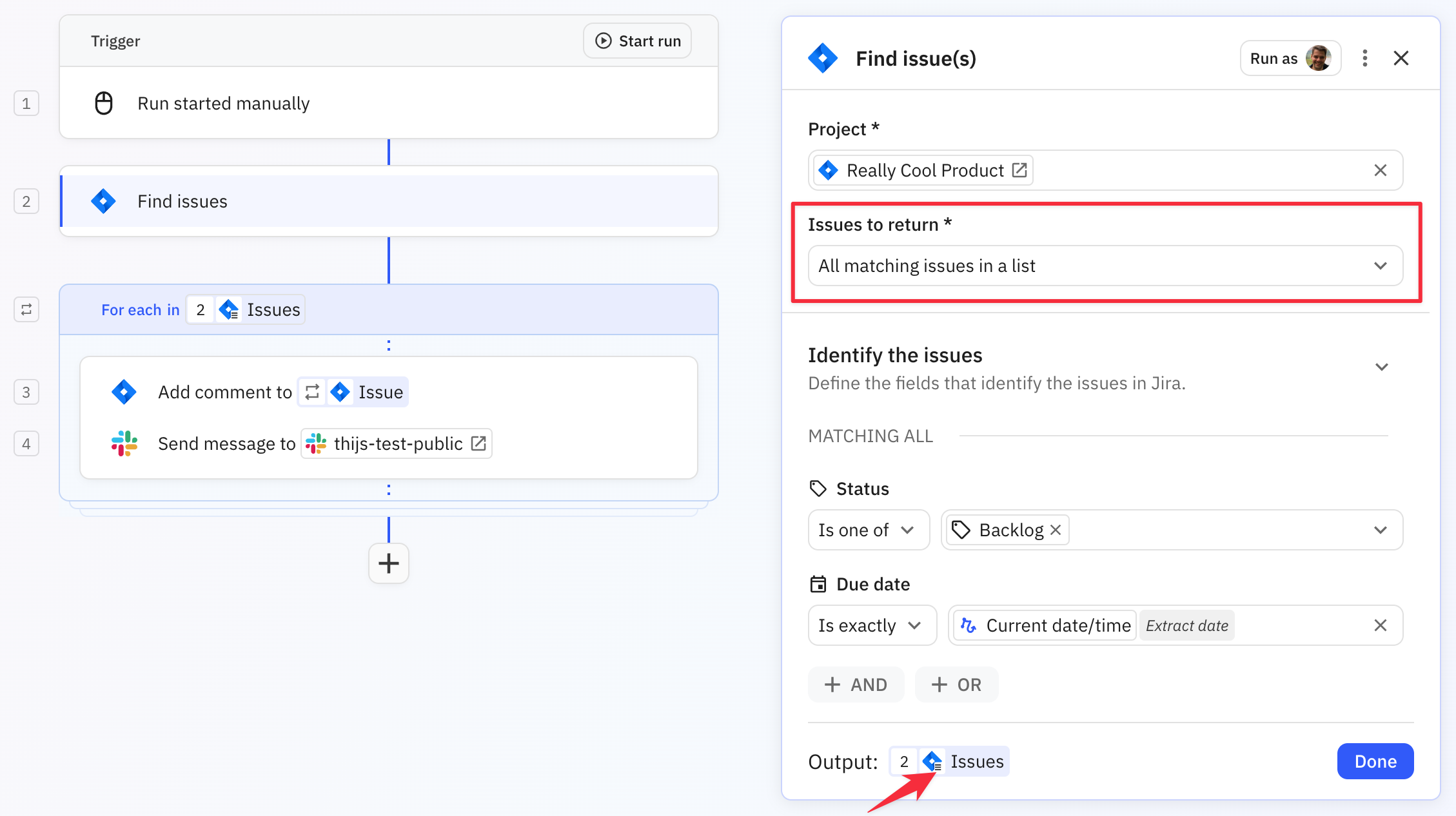 Relay.app workflow step showing Jira Find Issues action configured to return all matching issues in a list format