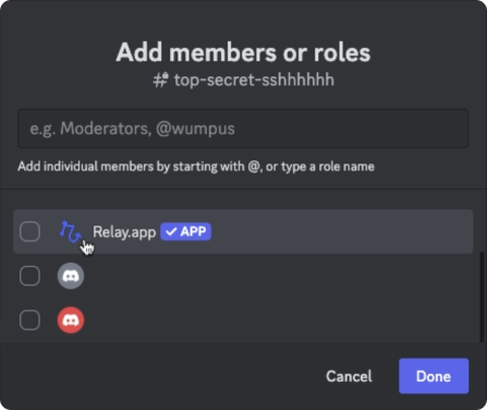 Discord member selection dialog showing the Relay.app bot available to be added to the channel
