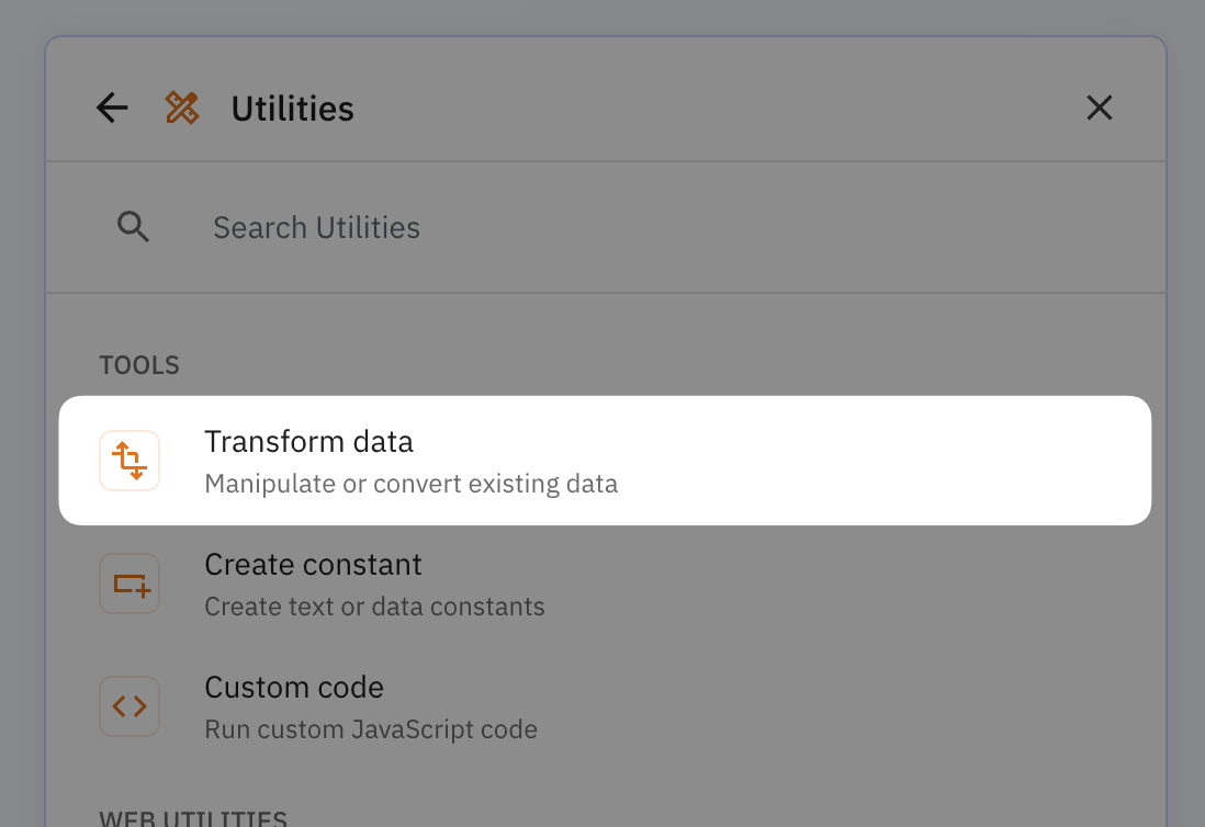 Relay.app step creation dialog showing Transform data option highlighted in the Utilities section