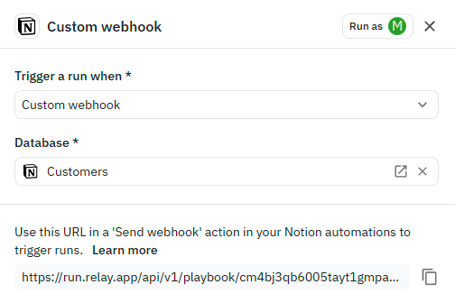 Relay.app trigger configuration showing Notion Custom webhook trigger with database selection and webhook URL