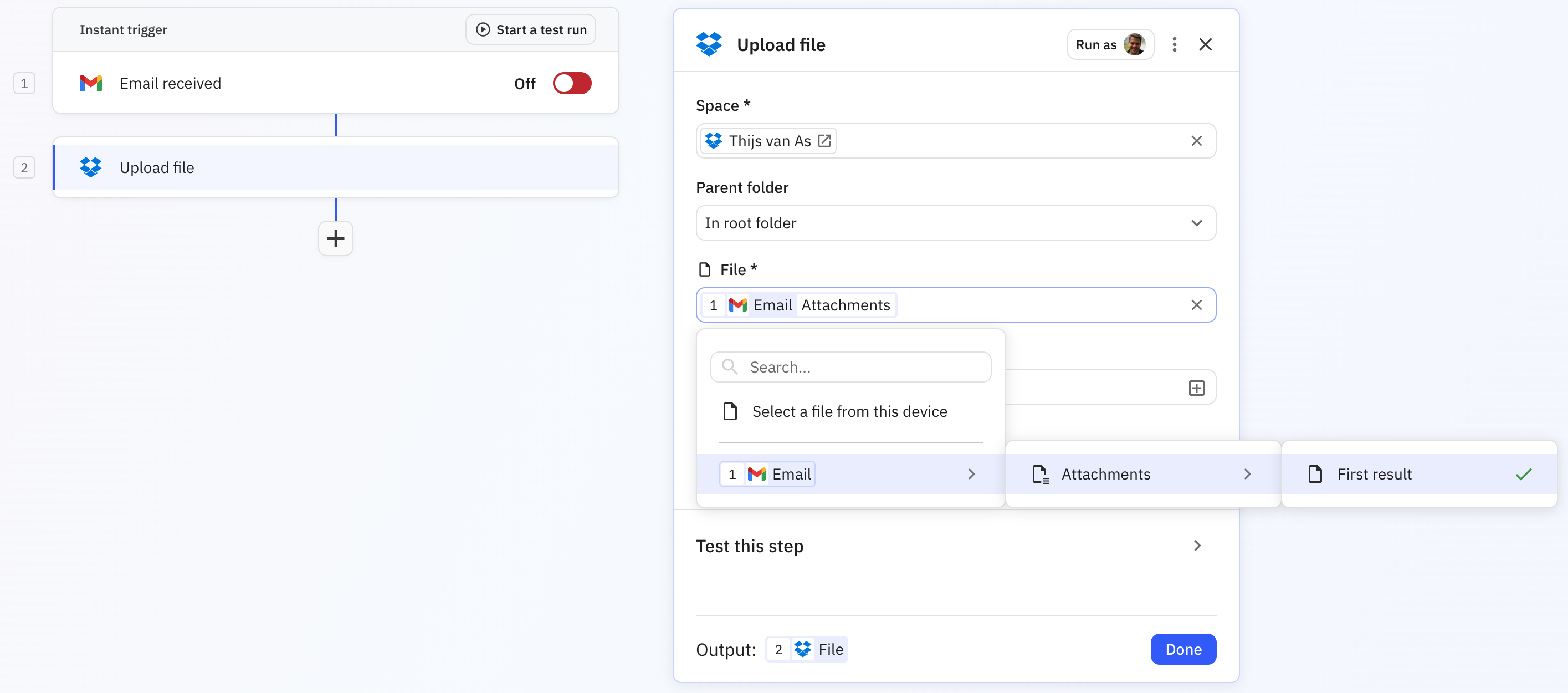 Dropbox upload step configuration showing first result option to select the first attachment from an email list