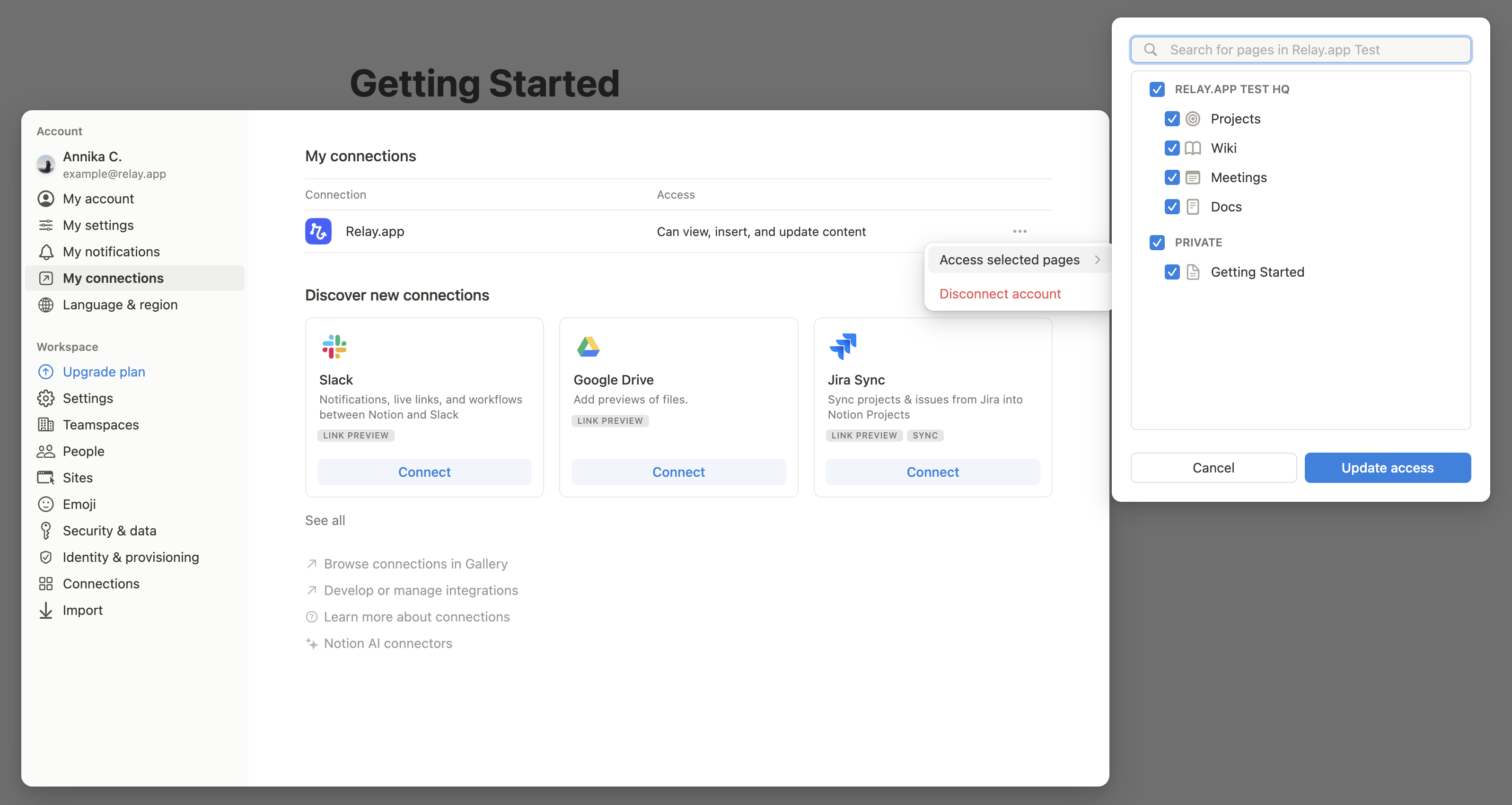 Notion My connections settings page showing Relay.app with access controls and page selection options