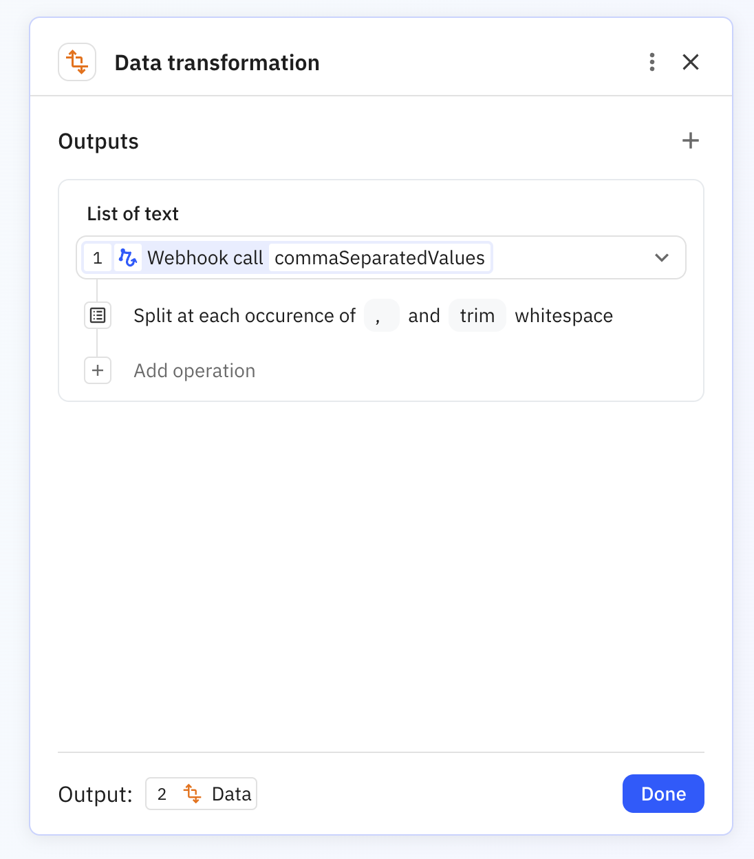 Transform data step showing Split into list transformation converting comma-separated text into a list format