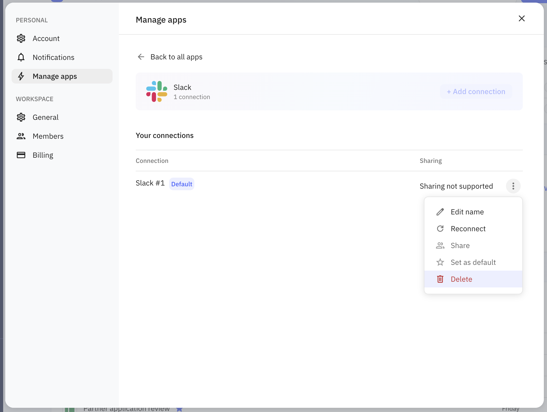 Relay.app Apps page showing Slack connection with delete option in the connection menu