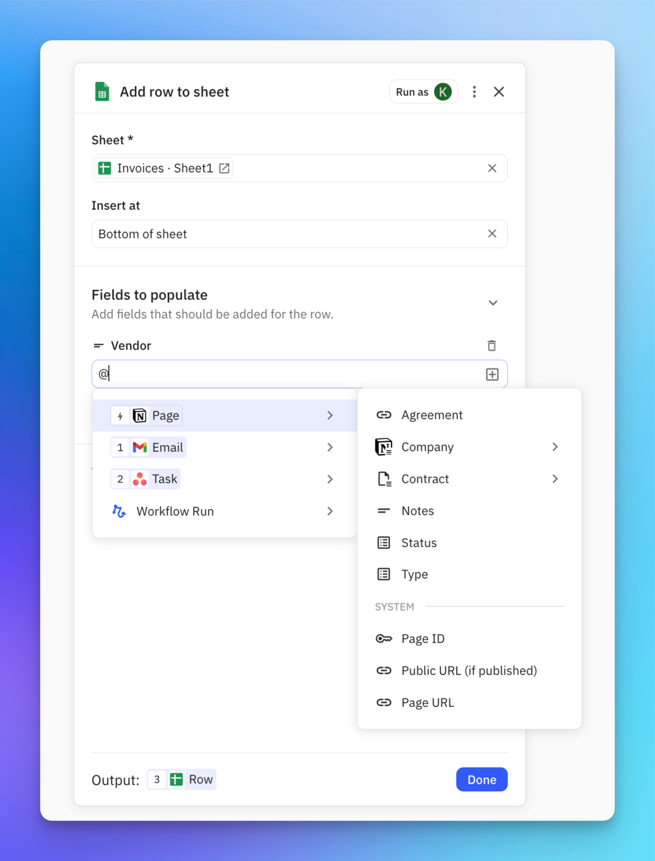 Text input field showing @ symbol autocomplete menu with step output suggestions for quick data insertion