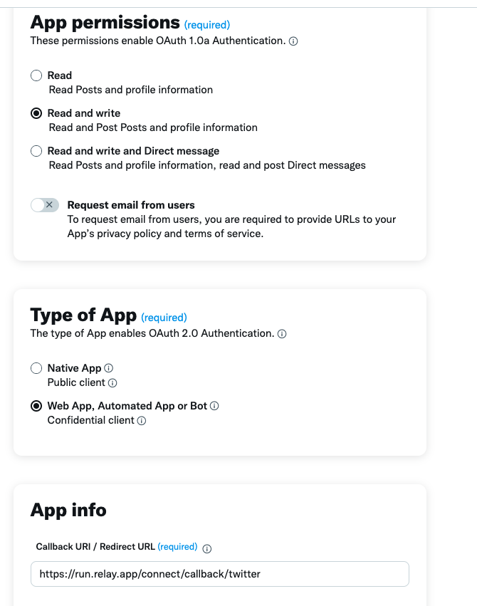 Twitter OAuth authentication setup page showing read and write permissions configuration and callback URL field for Relay.app integration