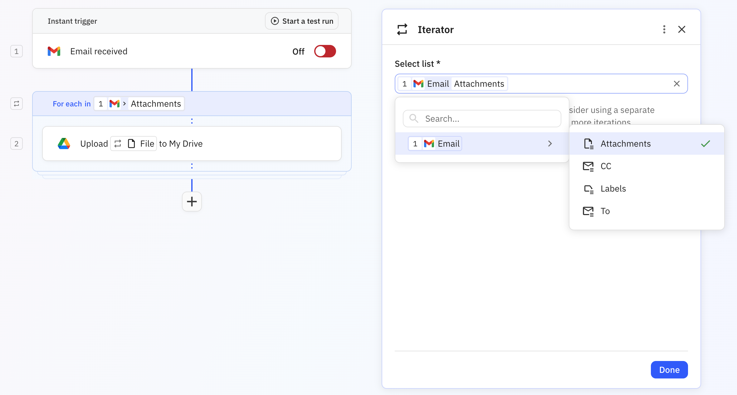 Gmail email step output showing nested lists including attachments, recipients, and labels fields