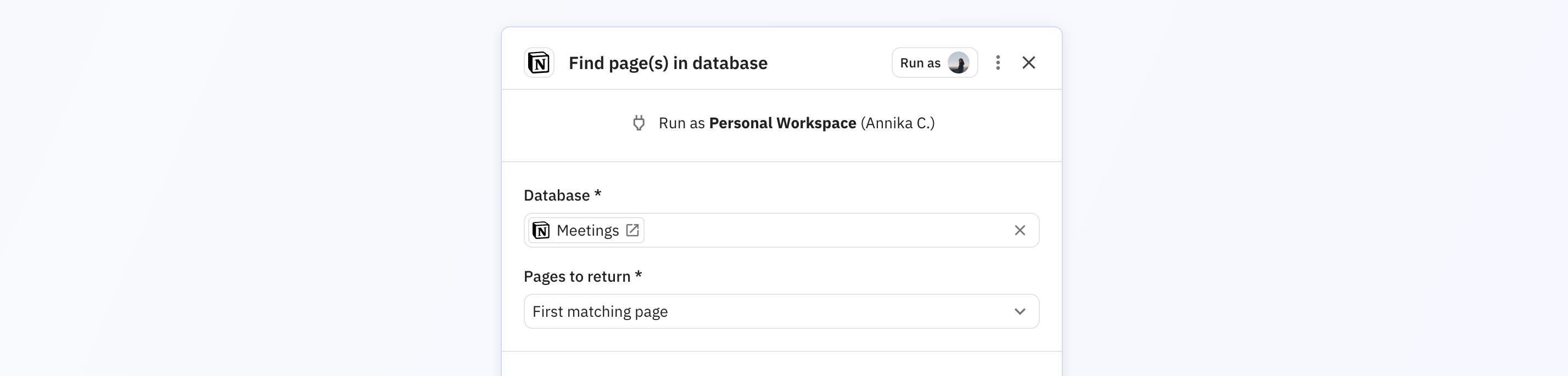 Relay.app step configuration showing 'Run as' dropdown menu with multiple Notion workspace connections to choose from
