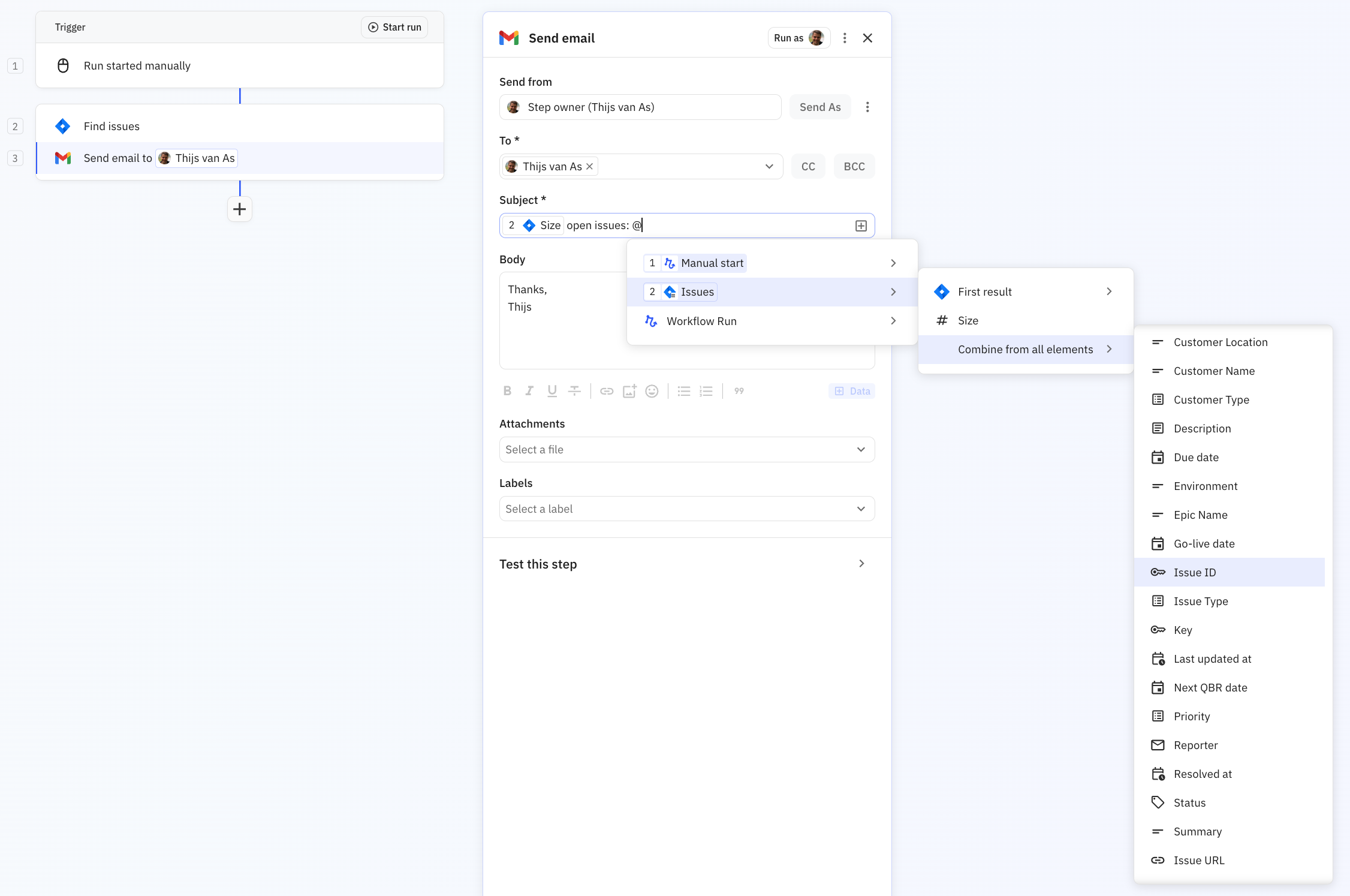 Text input field showing combine data option to create comma-separated list from multiple values