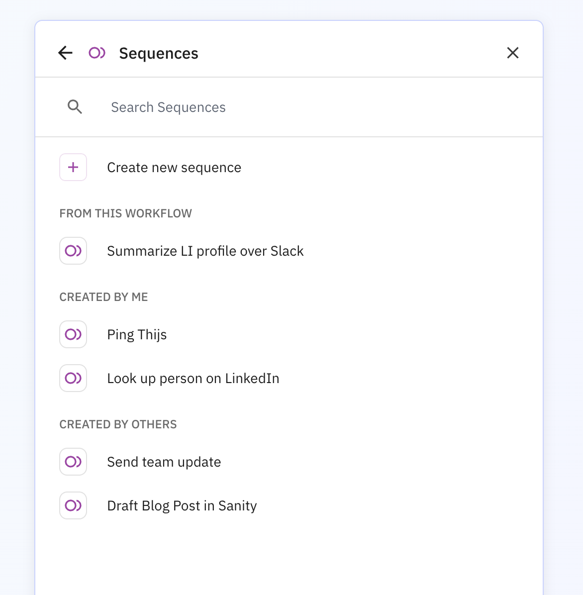 Sequences menu showing categories for sequences in this workflow, exported by you, and exported by others