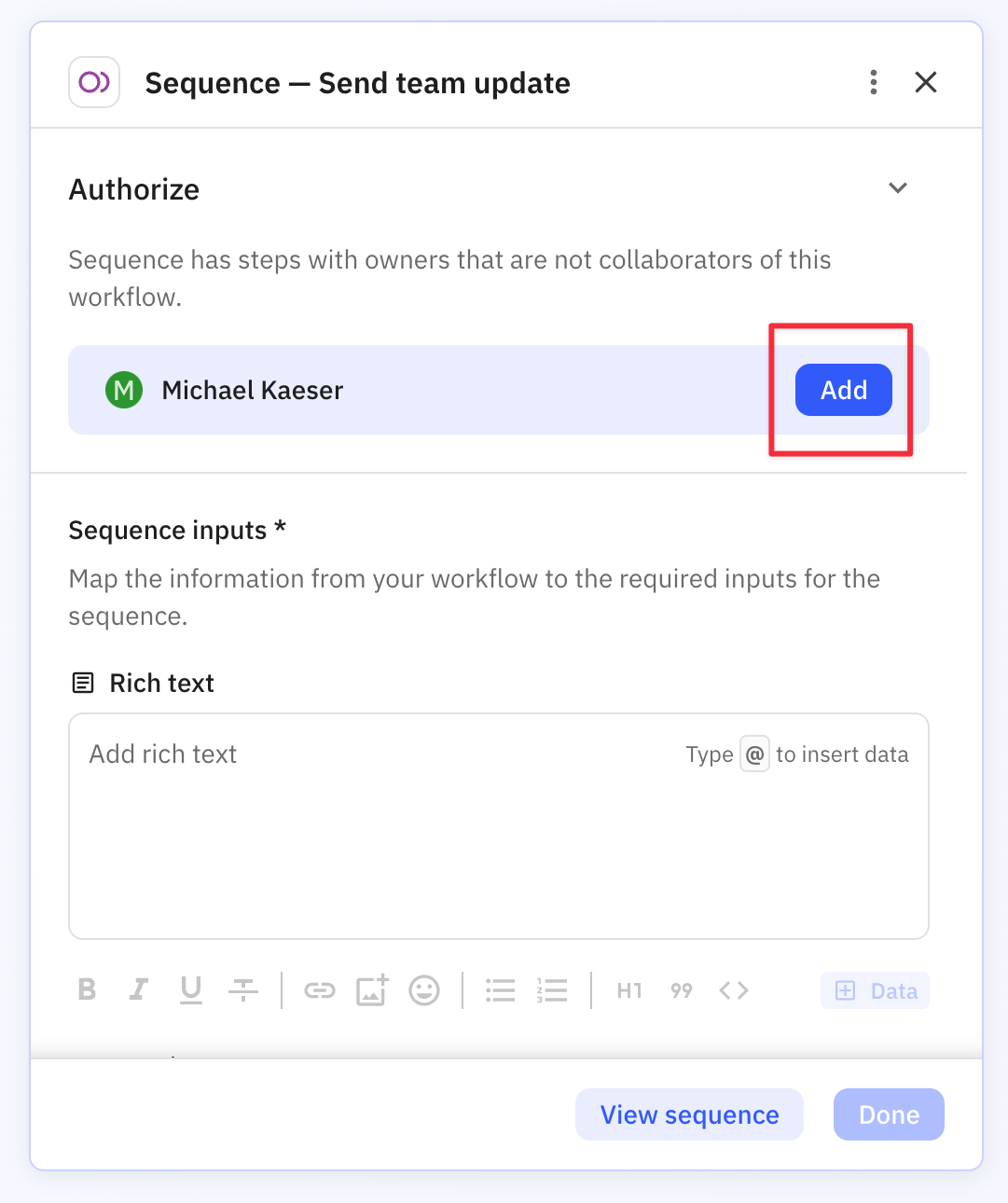 Workflow collaboration dialog showing option to add sequence creator as collaborator to access their app connections