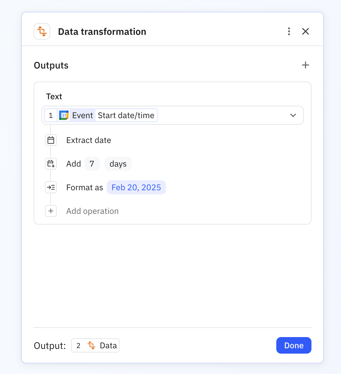 Transform data step showing date formatting configuration with input date and output text format