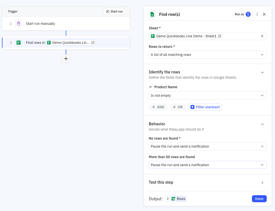 Relay.app Google Sheets Find step configuration showing selection of rows from the spreadsheet to retrieve invoice line item data