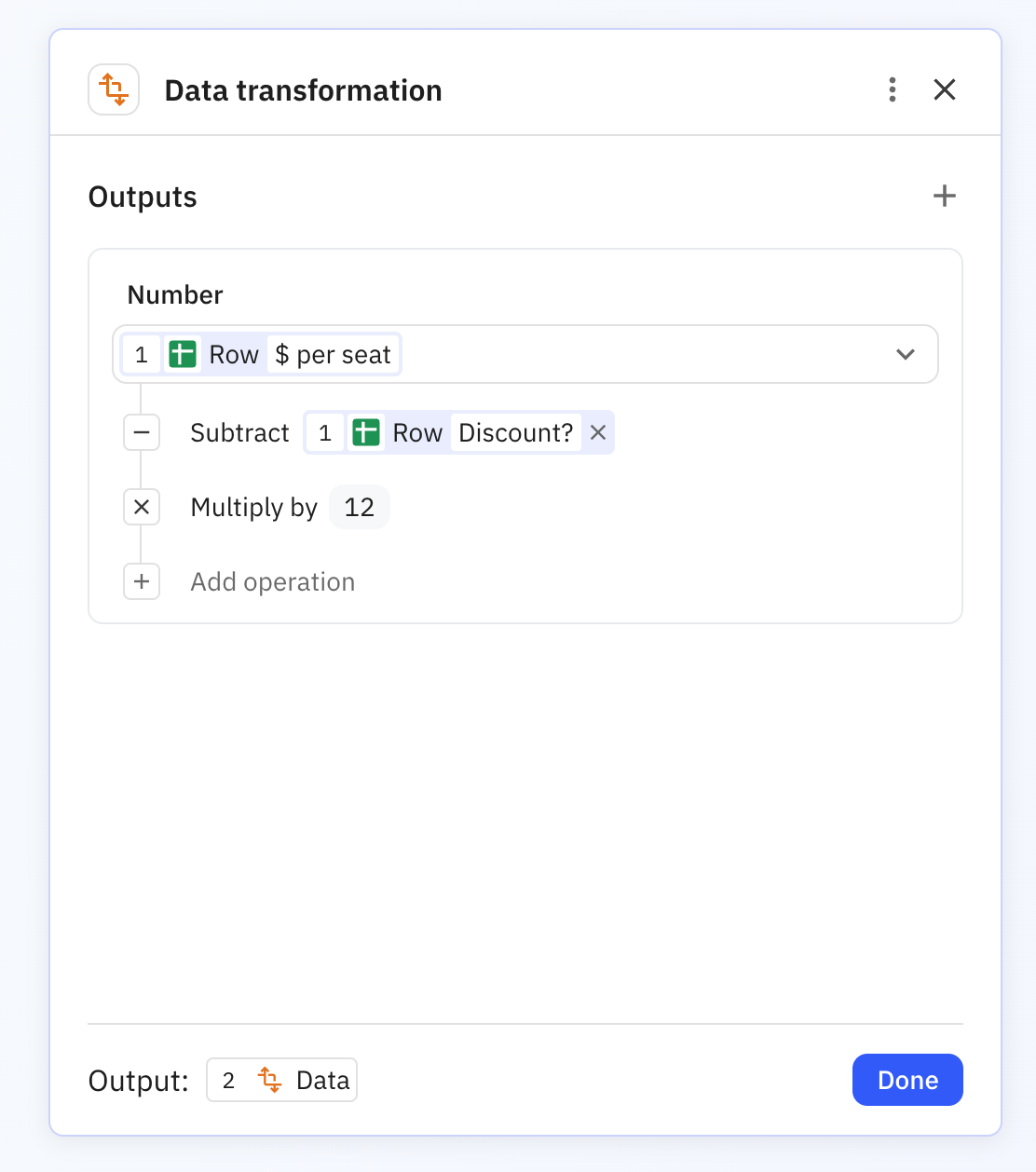 Transform data step showing arithmetic operations configuration with number input and mathematical transformation options